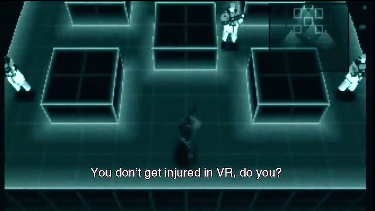 Plan oblique view of videogame gameplay. Subtitle text reads: 'You don't get injured in VR, do you?'